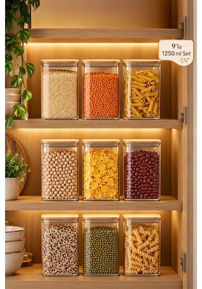 Porsima 6-3 Bambu Vakumlu Kapaklı Kare Borsilikat Cam 9lu Kavanoz Seti Saklama Kabı 1250ml 9,5x15cm Ahşap - Şeffaf