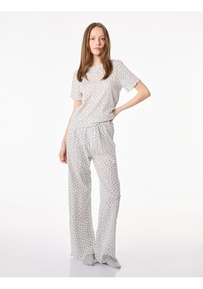 Koton Pamuklu Kısa Kollu Bisiklet Yaka Leopar Desenli Pijama Takımı Gri Desenli 6slk40111mk