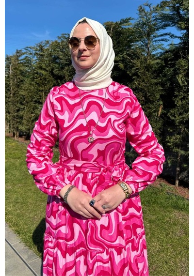 Rabia Şamlı Su Desenli Elbise Pembe Normal