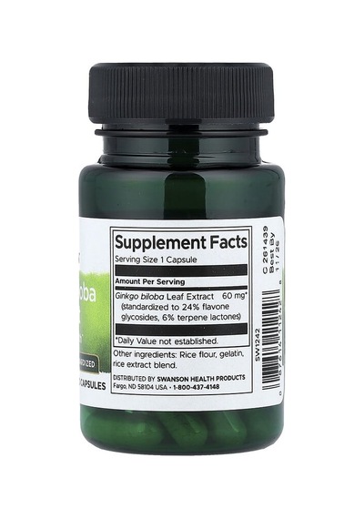 Swanson Vitamins, Ginkgo Biloba Extract, Standardised, 60 Mg, 30 Capsules