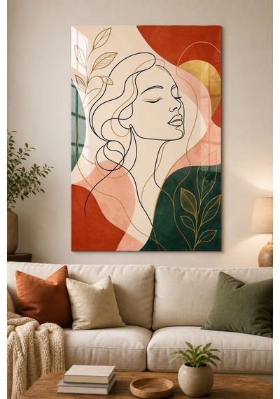 Kadın Portre Desenli Baskılı Cam Tablo Modern Line Art Uv Baskı Duvar Tablosu