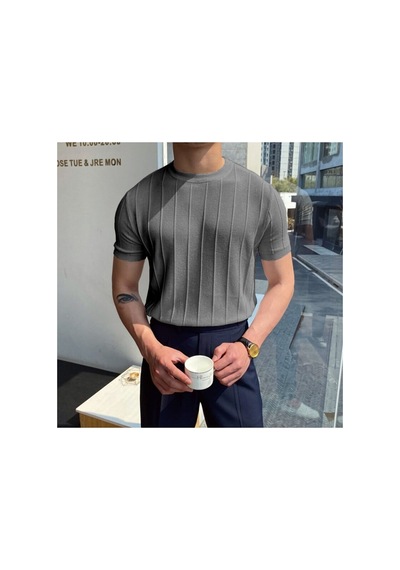 Cool Tarz Füme Erkek Yuvarlak Yaka Örme T-shirt Füme Füme