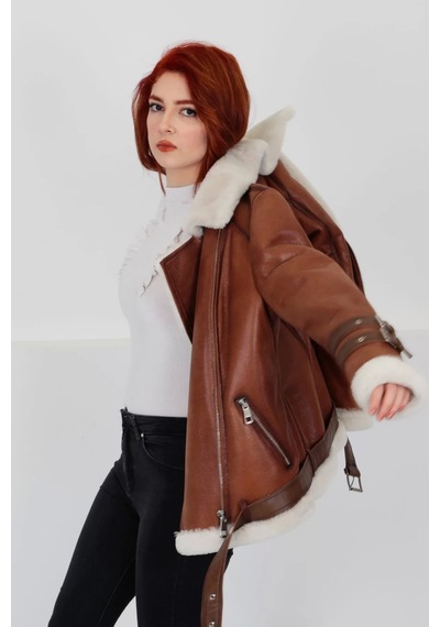 M M Marki Marki Hakiki Deri Kaban, Içi Kürklü, Kemerli, Kollarda Kemer Detaylı, Taba, 70 Cm - 102622 Kahverengi