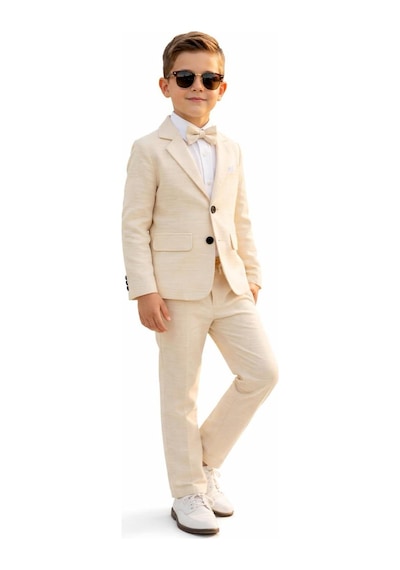 Baby Kids Colors Erkek Çocuk Flamlı Keten Salaş Ceketli Takım Elbise / Gömlek Pantolon Ceket Papyon Keten Takım Bej