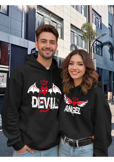 Nevermind Sevgili Çift Kombin Devil & Angel Baskılı Renk Kapüşonlu Sweatshi Siyah
