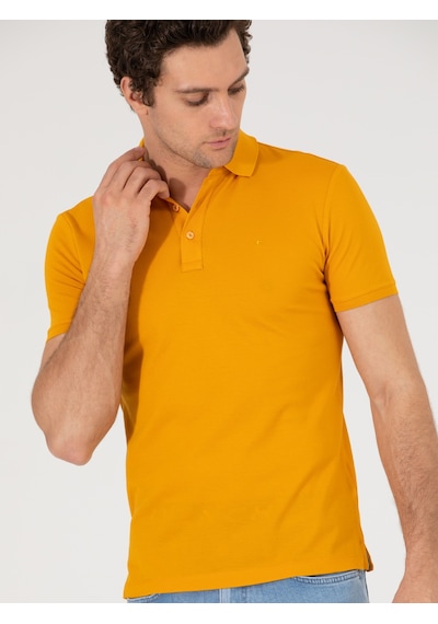 Koyu Sarı Polo Yaka Slim Fit Basic Merserize T-shirt Sari