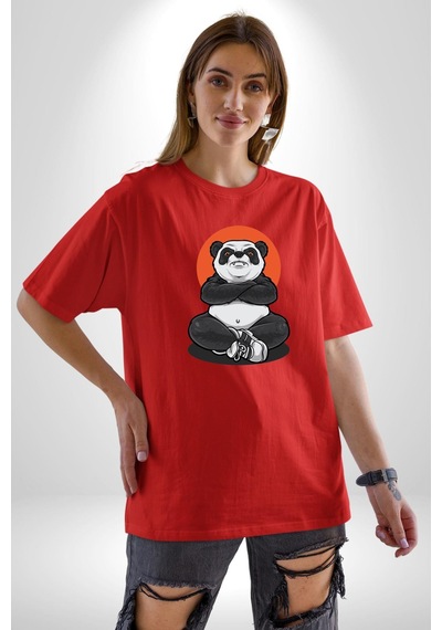 Yoga Panda Pamuklu Bisiklet Yaka Unisex Oversize Boyfriend Dijital Baskılı Kırmızı T-shirt Kırmızı
