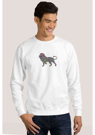 Aslan Baskılı Beyaz Erkek Örme Sweatshirt (528402667)
