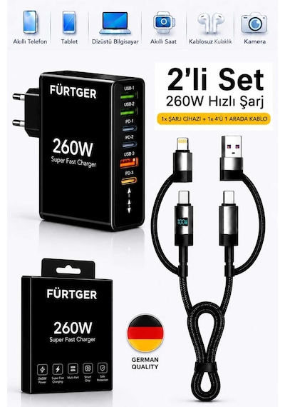 Fürtger German Frt-25w Si 260w 3 Type-c + 3 Usb-a Toplam 6 Çıkışlı Süper Hızlı Şarj Aleti + 4 Başlıklı Şarj Kablosu