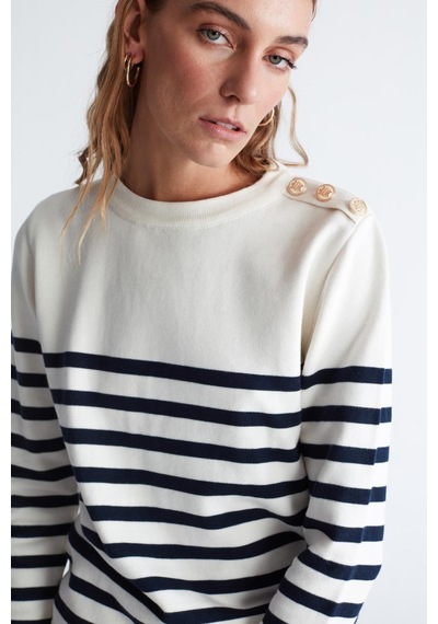 Styleboom X Peraluna Bardot Pullover Omzu Düğmeli Çizgili Organik Pamuk Mevsimlik Kadın Triko Kazak Ekru/lacivert-ekru Ekru Styleboom X Peraluna Bardot Pullover Omzu Düğmeli Çizgili Organik Pamuk Mevsimlik Kadın Triko Kazak Ekru/lacivert-ekru Ekru