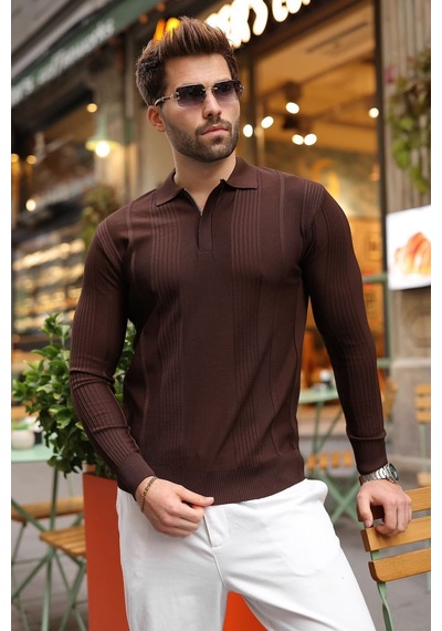 Madmext Kahverengi Polo Yaka Slim Fit Erkek Triko Kazak E7527