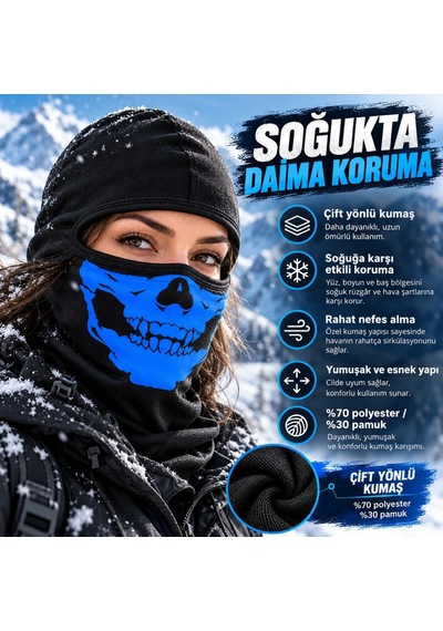 Unisex Mavi Kurukafa Desenli Balaklava Kar Maskesi Siyah Tam Kafa Motorcu Boyunluk Ve Yüz Maskesi