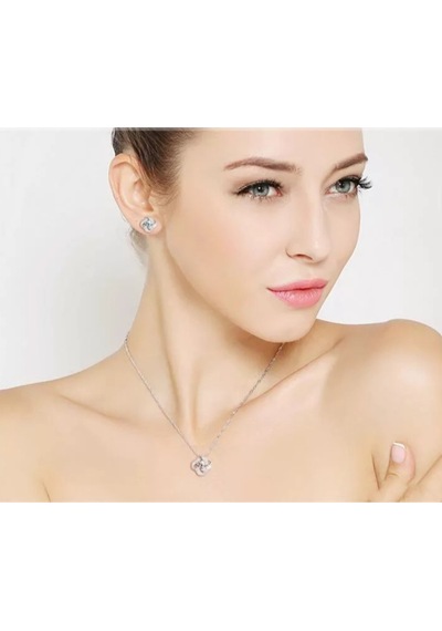 Brezza Lusso Jewelry Gümüş Zirkon Taşlı 4 Kollu Şans Kadın Kolye Küpe Set