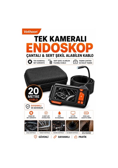 Ekranlı Tek Kameralı 20 Mt Sert Kablo Yılan Endoskop Kamera 8 Mm 4.3 Inc Çok Renkli