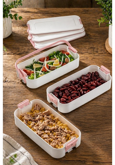 3 Katlı Bölmeli Lunchbox - Kilitli - Taşıma Saplı - Kaşık & Çatal Dahil G-770 Pembe Pembe