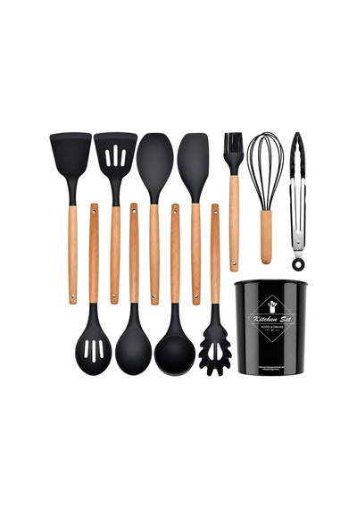 Tr 12 Parça Bambu Saplı Silikon Mutfak Seti Kaşıklıklı Isıya Dayanıklı Spatula Kepçe Çırpıcı Maşa Seti Diğer