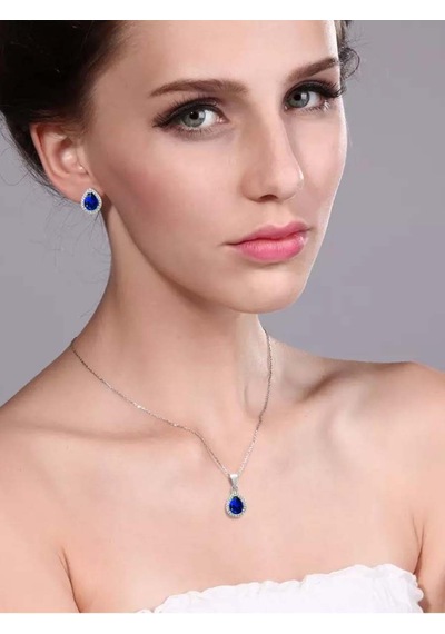 Brezza Lusso Jewelry Damla Model Safir Mavisi Zirkon Taşlı Gümüş Kadın Kolye Küpe Seti