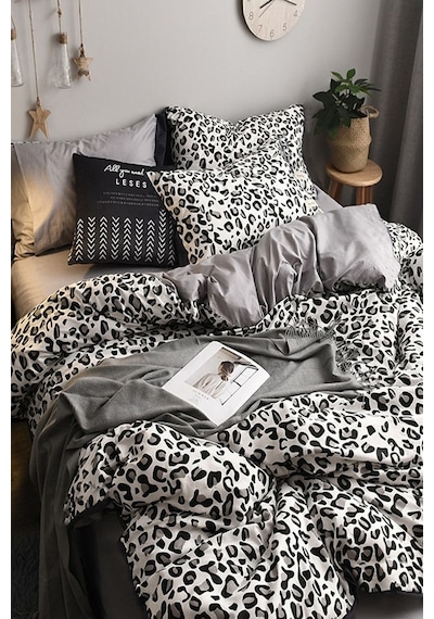 İqon Leopar Premium Cotton 64S Lastikli Çarşaflı Çift Kişilik Nevresim Takımı Siyah
