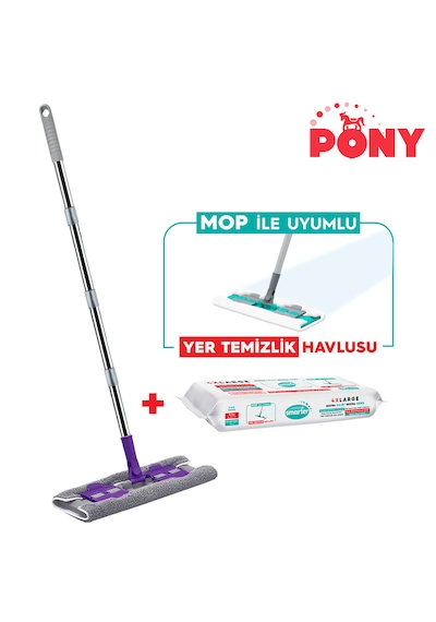 Pony Duvar Cam Kıskaçlı Klipsli Mandallı Mop + Smarter Yer Temizlik Havlusu 30'lu