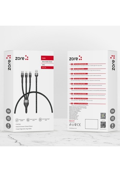 Zore Shira Serisi 3 In 1 Lightning,Micro,Type-C Usb Kablo 30Cm-Siyah