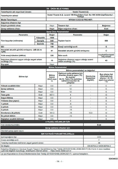 Vestel NFK64112 ES GI PRO WIFI 588 LT No-Frost Kombi Tipi Buzdolabı