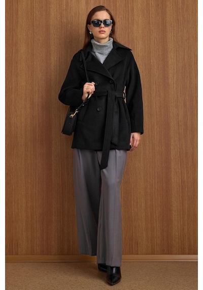 Olcay Apolet Detaylı Oversize Kısa Kaban Siyah 3149