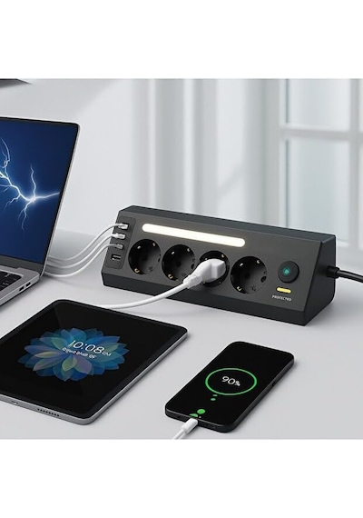 Led Işıklı 4 Lü Priz 2 Usb 2 Type-c Girişli Akım Korumalı Anahtarlı Masaüstü Priz 1 - 3 M