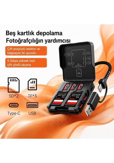Sd/tf Hafıza Kartı Okuyucu 5 Kart Usb-a Usb-c 3.0 5gbps Ads-319