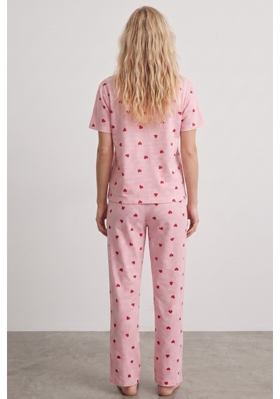 Siyah İnci İnce Soft Örme Mevsimlik Pijama Takımı 8003 Pembe Kırmızı Kalp