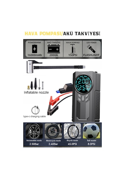D8h Plus 4in1 Akü Takviye+hava Pompası+led Fener+powerbank