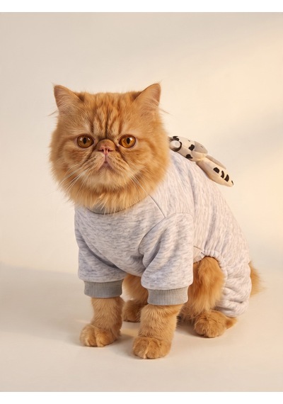 Moo Moo Cozy Kedi Tulumu Gri Melanj Kalın Penye Kedi Kıyafeti