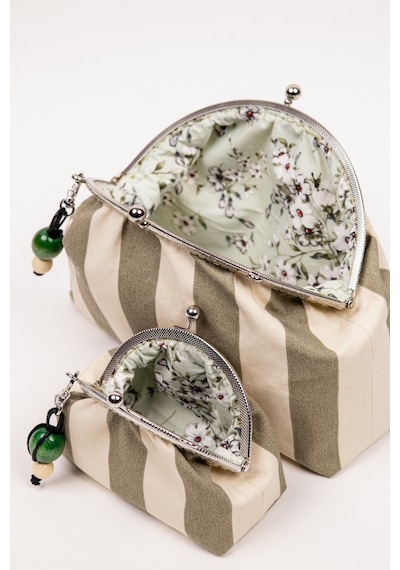 Fabric Craft Bag El Çantası İkili Set Kadın Duck Kumaş Çizgili Metal Klipsli 28x17 / 16x9 Cm Yeşil - Krem
