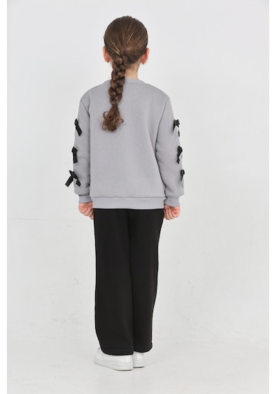 Erdem Kıds Kız Çocuk 3 İplik Şardonlu Kurdele Detaylı Basic Sweatshirt-bol Kesim Palazzo Eşofman Takım Gri-siyah Gri-siyah