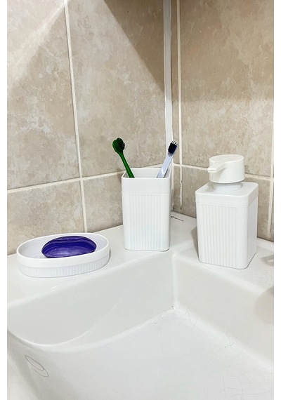 6 Parça Banyo Seti Çöp Kovası, Wc Fırça, Tuvalet Kağıtlık, Diş Fırçalık, Sıvı Sabunluk, Sabunluk Beyaz