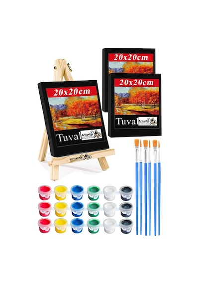 Mini Şövale 20x20 Cm Siyah Tuval 3 Ml Akrilik Boya 6 Renk Ve Fırça Mini Siyah Tuval Masaüstü Küçük Şövale Boyama Seti