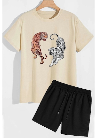 Uyguntarz Tiger Şort T-shirt Eşofman Takımı Bej