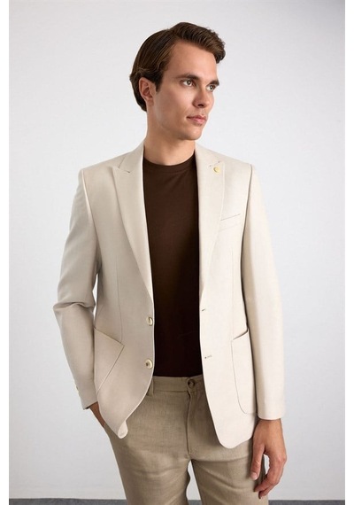 Süvari Bej Slim Mono Yaka Düz Poplin Torba Cep 6 Drop Klasik Ceket Sct2021600005-bj3