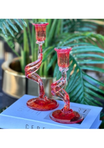 Cb28 27 Cm Kırık Mum Cam Aksesuar Kırmızı Dekoratif Şık Modern Ev Aksesuarı