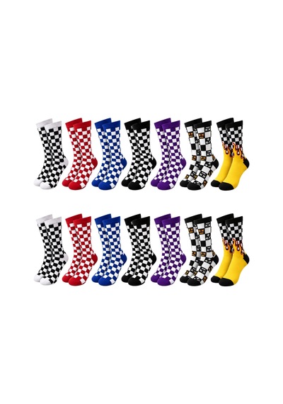 COJans Unisex Çorap Dama Desenli Renkli 14'lü Set Kareli Alev Baskılı Uzun Soket Günlük Spor Çorabı Çok Renkli