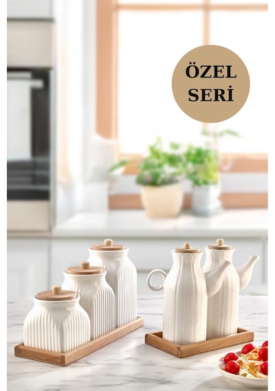 7 Parça Standlı Vakumlu Yağdanlık Ve 3'lü Çay Şeker Kahve Baharat Seti Ve Türk Kahve Kavanoz Seti Beyaz