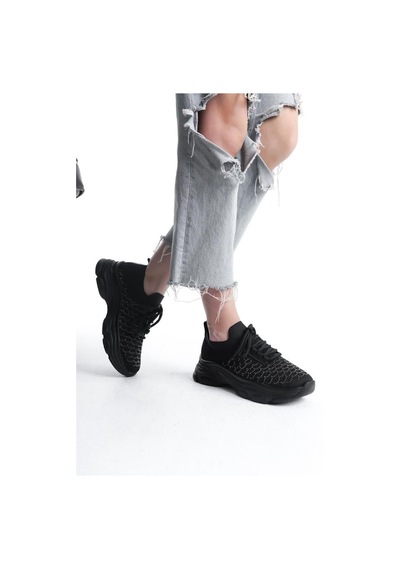 Kadın Siyah Triko Taşlı Spor Ayakkabı & Sneaker Siyah