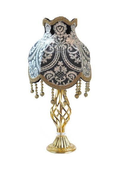 Koyu Füme Fransız Dantel Beyaz İşlemeli Kadife Başlık Gold Metal Ayaklı Klasik Model Abajur 50x25cm