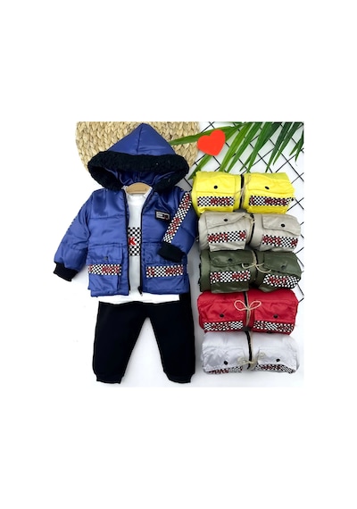 Melonika 9-12-18-24 Ay Kapşonlu Fermuarlı Mont Pantolon Uzun Kollu Sweatli 3lü Kız Erkek Bebek Takımı Sarı Çok Renkli