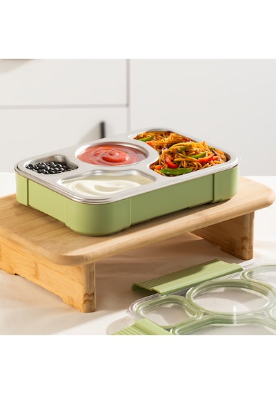Porsima Bl25239 Isı Yalıtımlı Paslanmaz Çelik Sızdırmaz Silikon Kapak 4 Bölmeli Vakumlu Yemek Termosu Beslenme Kutusu Taşınabilir Lunch Box Sefer Tası Yeşil