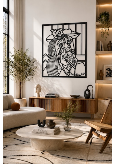 Picasso Esintili Soyut Kadın Figürlü Metal Duvar Tablosu Modern Geometrik Dekoratif Tablo Ev Ve Ofis Duvar Dekoru Siyah Pica2