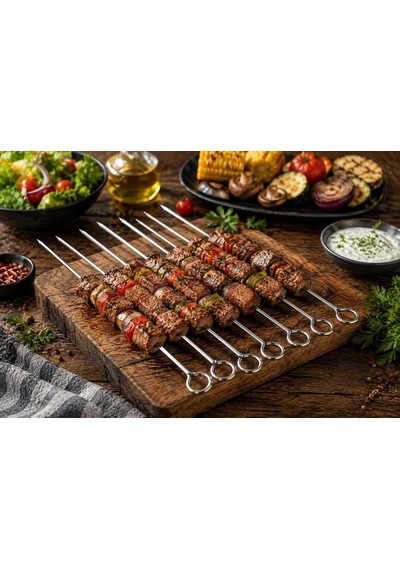 10'lu Paslanmaz Çelik Mangal Şişi Seti 20 Cm Halka Saplı Barbekü, Kebap, Et, Tavuk Ve Sebze Şiş Seti