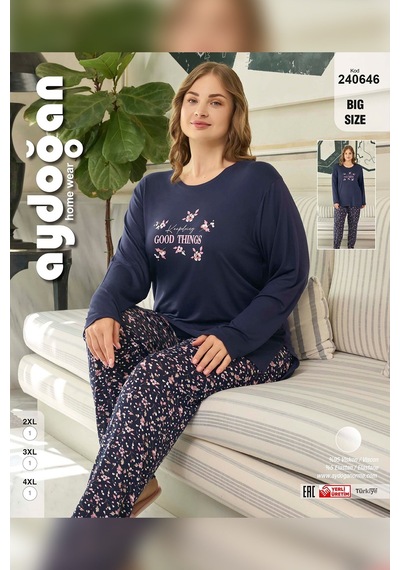 Aydoğan Kadın Büyük Beden Good Things Lacivert İnci Pijama Takımı 0646