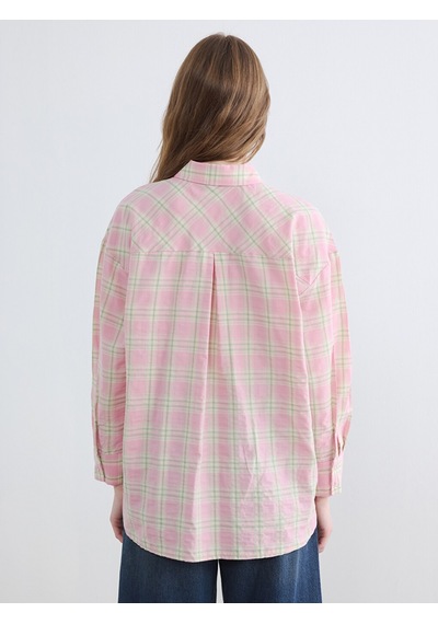 Lcw Modest Pembe Ekose Oversize Kadın Gömlek