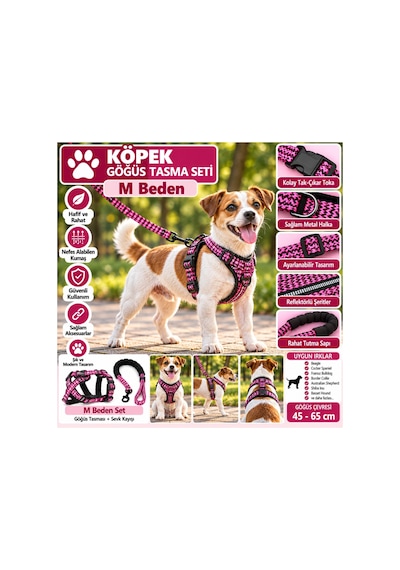 Senye Köpek Göğüs Tasması Seti Reflektörlü M Beden - Neon Pembe Göğüs 45-65 Cm Çok Renkli