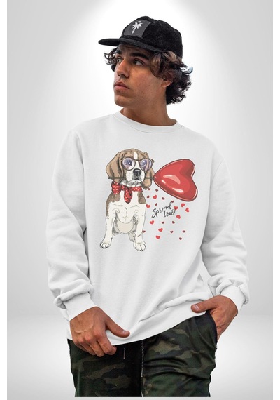 Poodle Ve Beagle Sevililer Günü Hediyesi Unisex Beyaz Baskılı Sweatshirt Beyaz